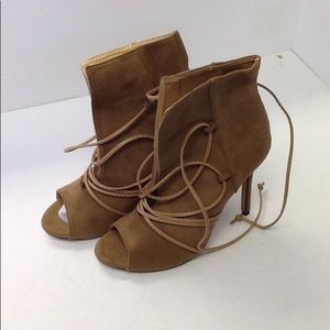 Women Faux Suede Peep Toe Wrap Booties